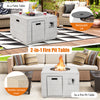 34-inch square gray concrete propane fire pit table with removable lid, 50,000 BTU, ideal for outdoor patio use.