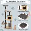 5-tier wooden cat tower with washable gray cushions, featuring a large condo, jumping platforms, and a top perch for.