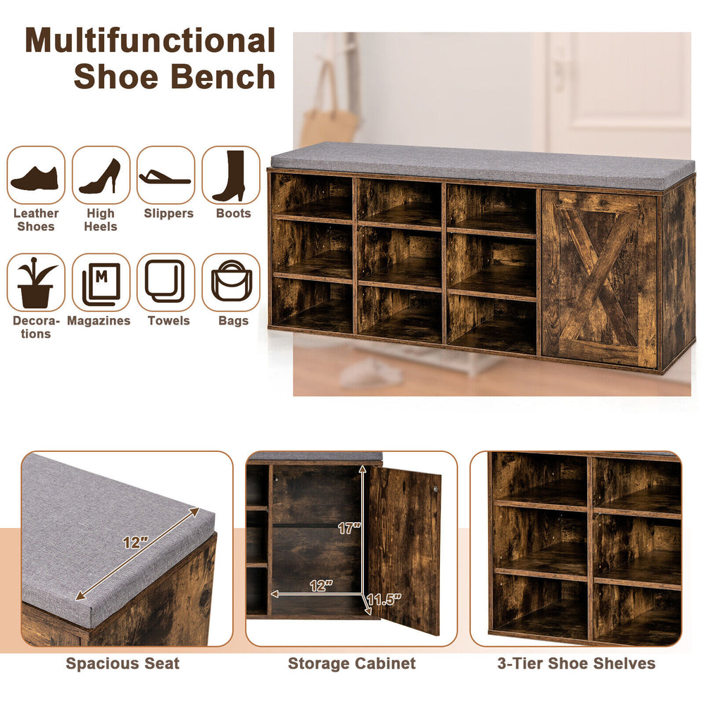 Rustic brown 9-cube shoe bench featuring a spacious door cabinet, perfect for storing shoes and decorations in any room.