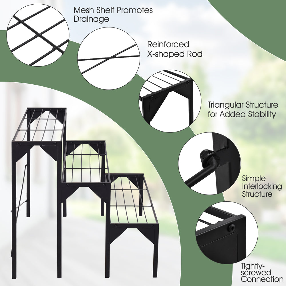 Three-tier metal plant stand featuring a reinforced structure, ideal for displaying potted plants and decor on patios.