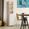 Tall white freestanding storage cabinet with open shelves and drawer, ideal for bathroom or kitchen organization.