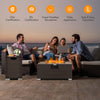 Brown 32 x 20 inch propane rattan fire pit table set with side table, perfect for outdoor gatherings and warmth.