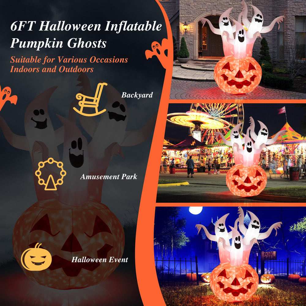 6FT inflatable Halloween ghosts with pumpkin decor and rotating lamp, perfect for backyard or Halloween events.