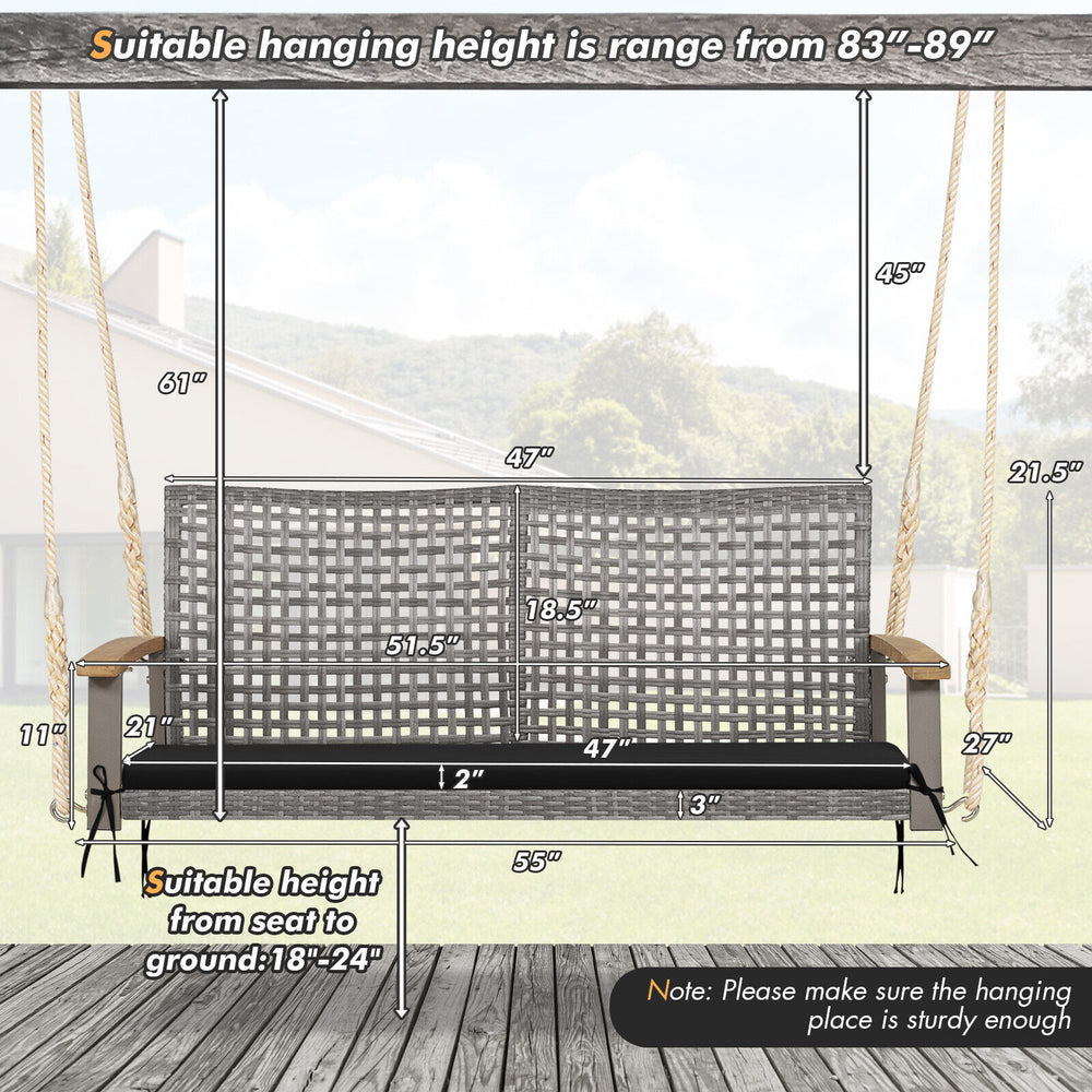 2-person patio wicker hanging swing chair with black PE rattan, acacia wood armrests, and 47" spacious seat for outdoor.