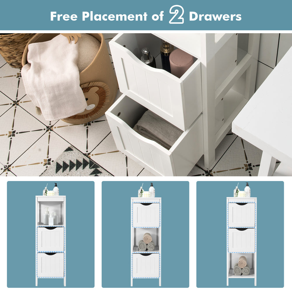 Freestanding storage cabinet with 2 removable drawers in white, ideal for bathroom organization and stylish decor.