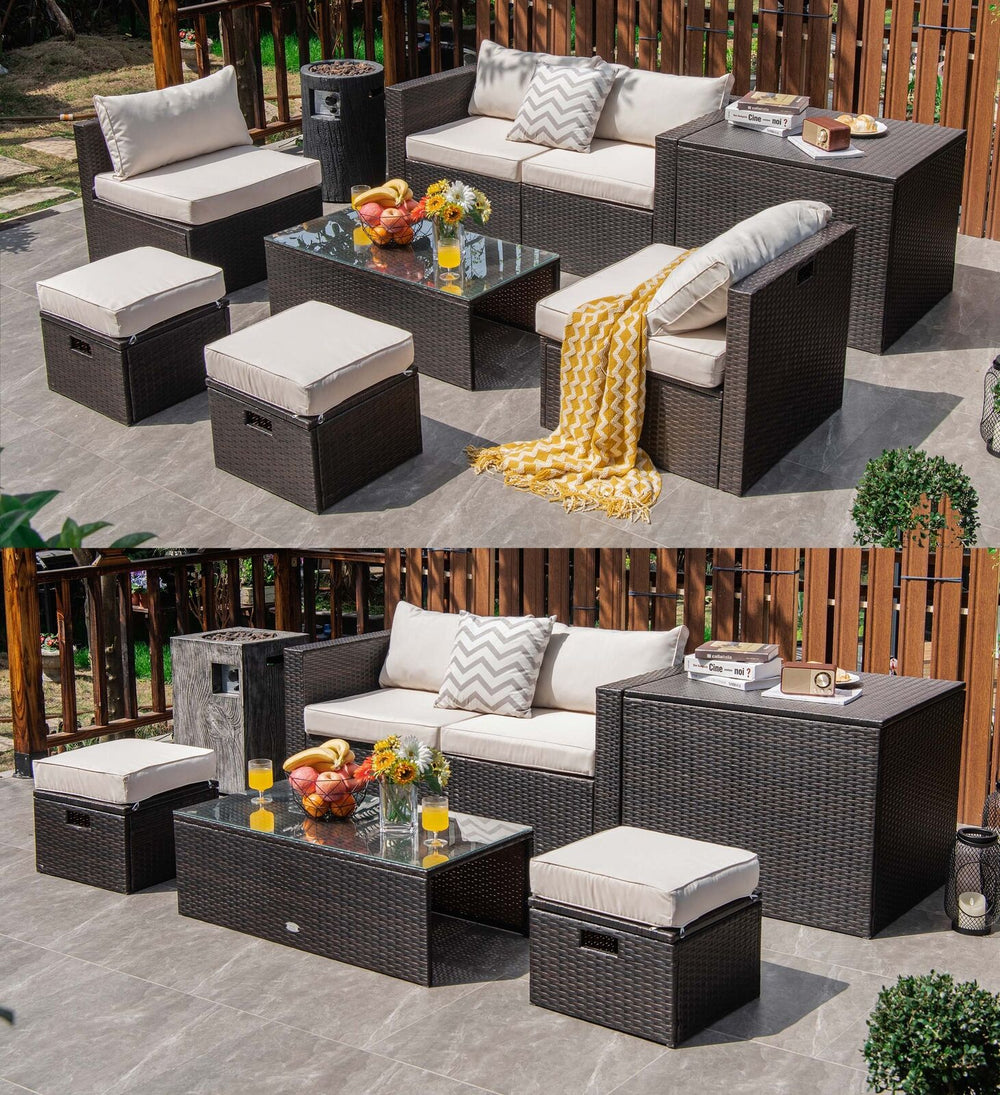 8-piece patio rattan furniture set with storage box, tempered glass table, and soft cushions for outdoor relaxation.
