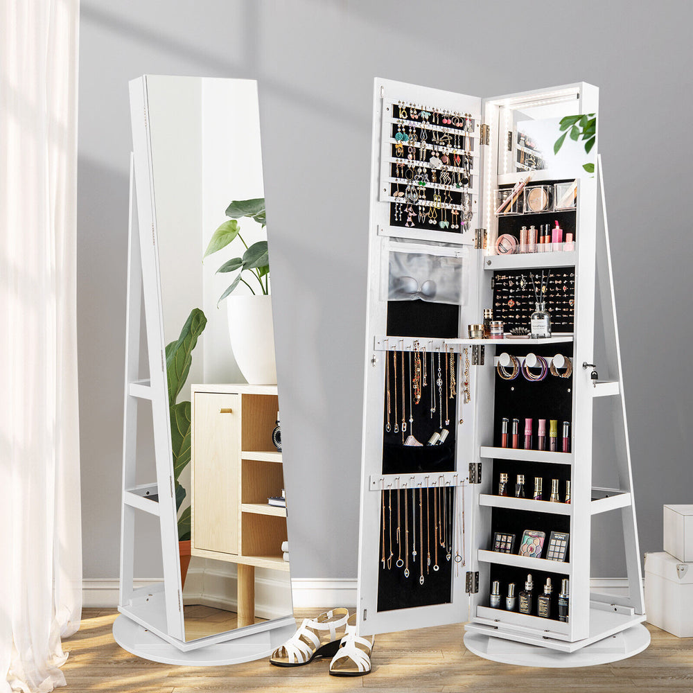 360° Rotating Mirrored Jewelry Cabinet Armoire 3 Color LED Modes Lockable-White - Gallery View 1 of 10