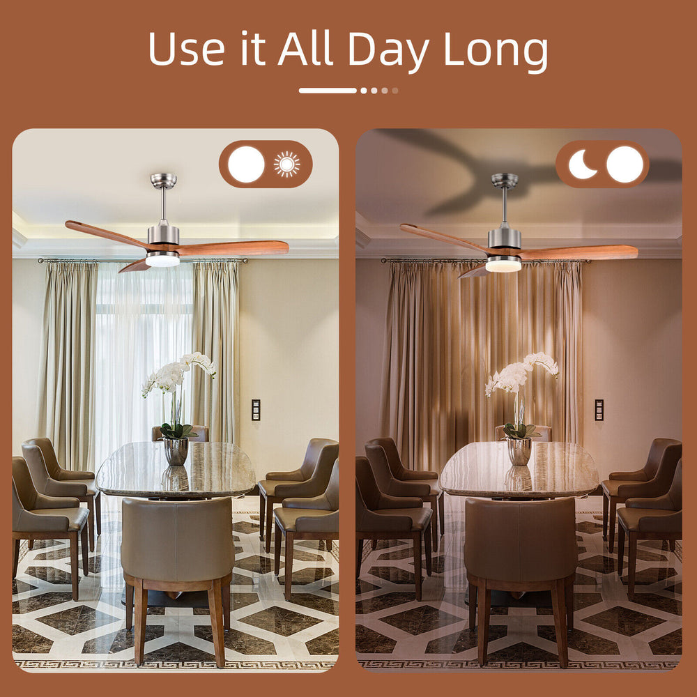 52-inch reversible ceiling fan with LED light, showcasing adjustable temperature and remote control for year-round.