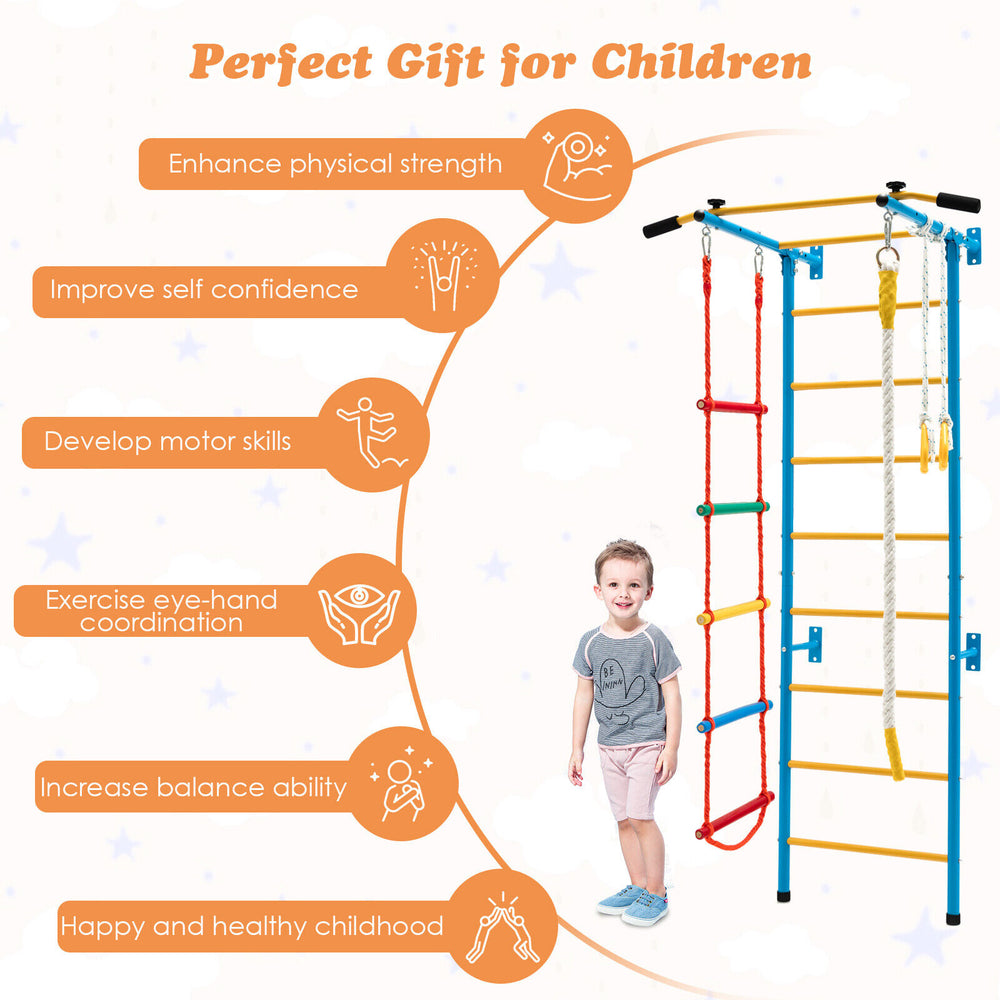 Kids indoor gym playground with wall ladder, pull-up bar, and gymnastic rings for enhancing physical fitness and fun.