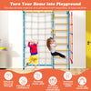 Kids indoor gym playground featuring a Swedish wall ladder, monkey bars, and rope wall for active play and exercise.