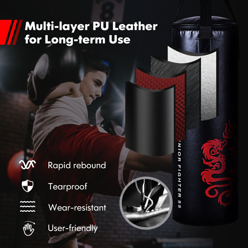 Filled 40lbs punching bag set with gloves and jump rope, made of sturdy PU leather for durability and easy cleaning.