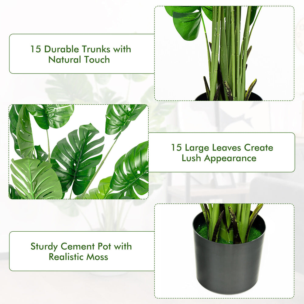 5-foot artificial monstera tree set with 15 large leaves and sturdy trunks in a cement pot for vibrant indoor decor.