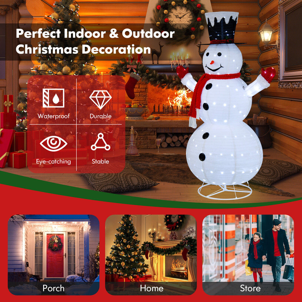 Lighted 6-foot snowman with top hat and red scarf, featuring 200 LED lights, ideal for indoor and outdoor Christmas.