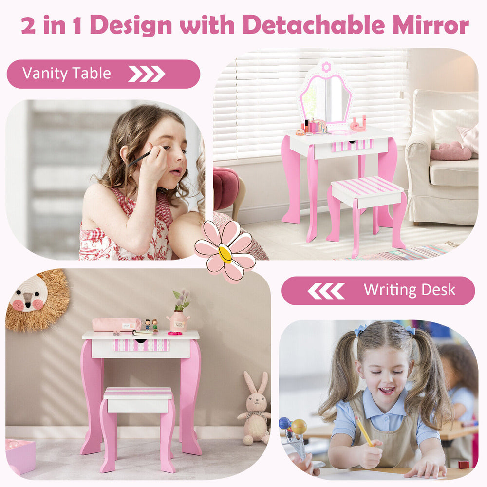 Toddler vanity set in pink with detachable mirror, featuring cute flower patterns and practical storage drawer for.