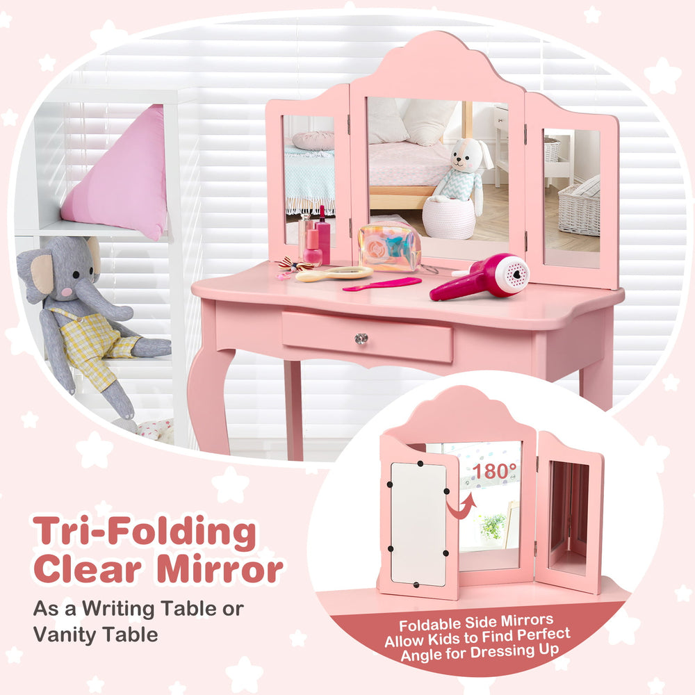 Kids pink vanity table set with tri-folding mirrors, spacious drawer, perfect for makeup or study in a stylish design.