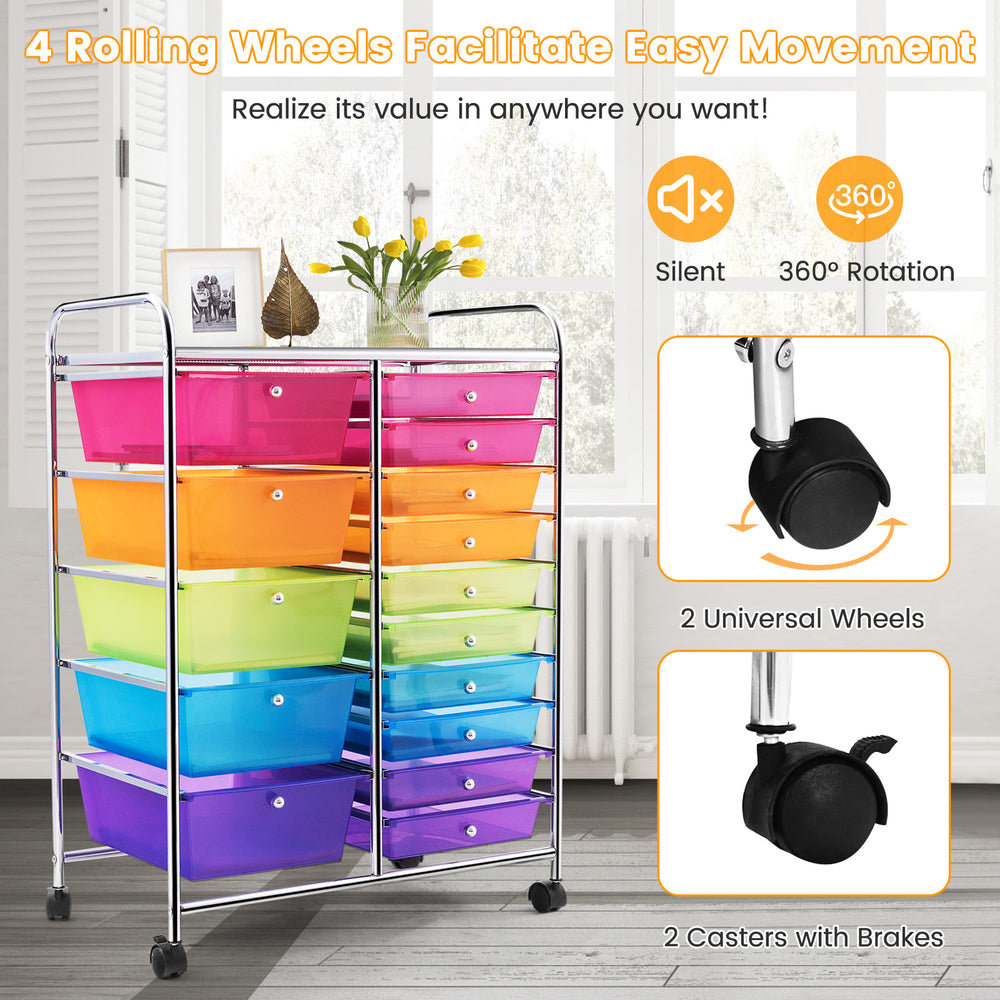 15-drawer rolling storage cart with a metal frame, colorful plastic drawers, and 4 wheels for easy mobility and.