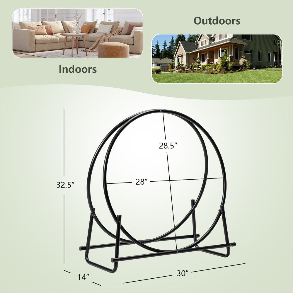 30-inch tubular steel log hoop firewood storage rack with double-loop design, ideal for indoor and outdoor use.