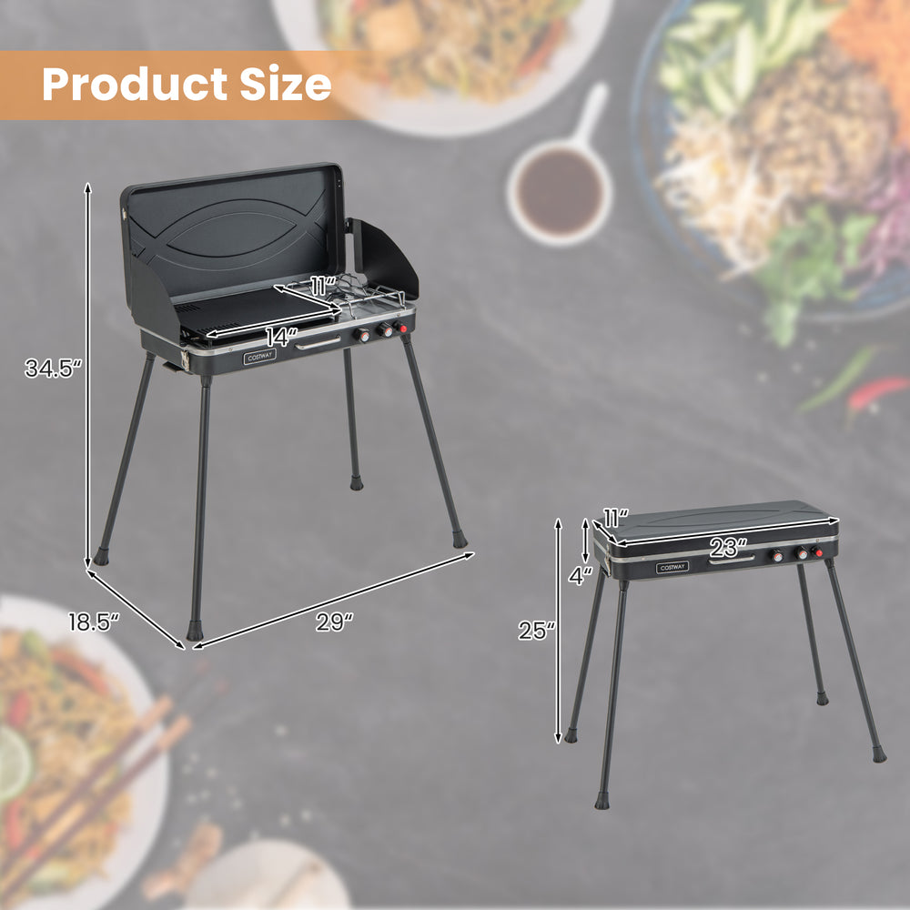Product size chart for the 2-in-1 Gas Camping Grill and Stove with detachable legs, ideal for outdoor cooking.