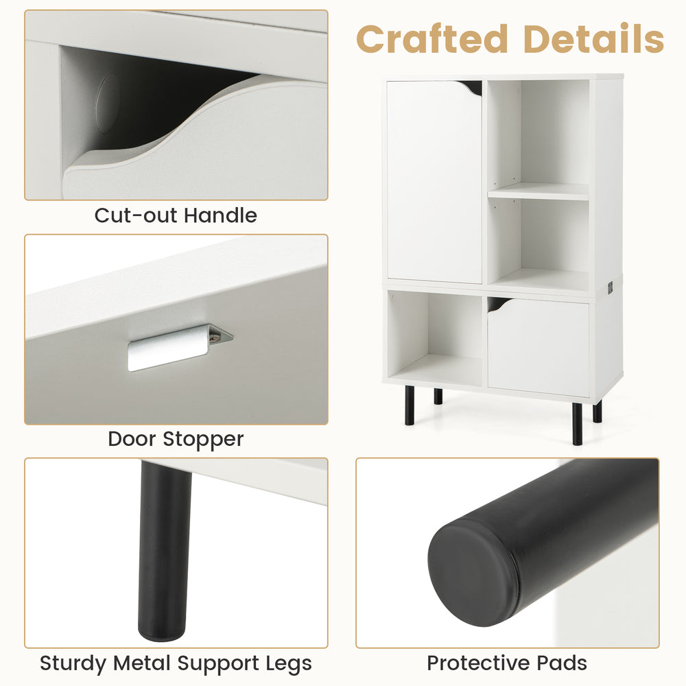 Close-up of the stackable white bookcase showcasing sturdy metal support legs and cut-out handle for modern storage.