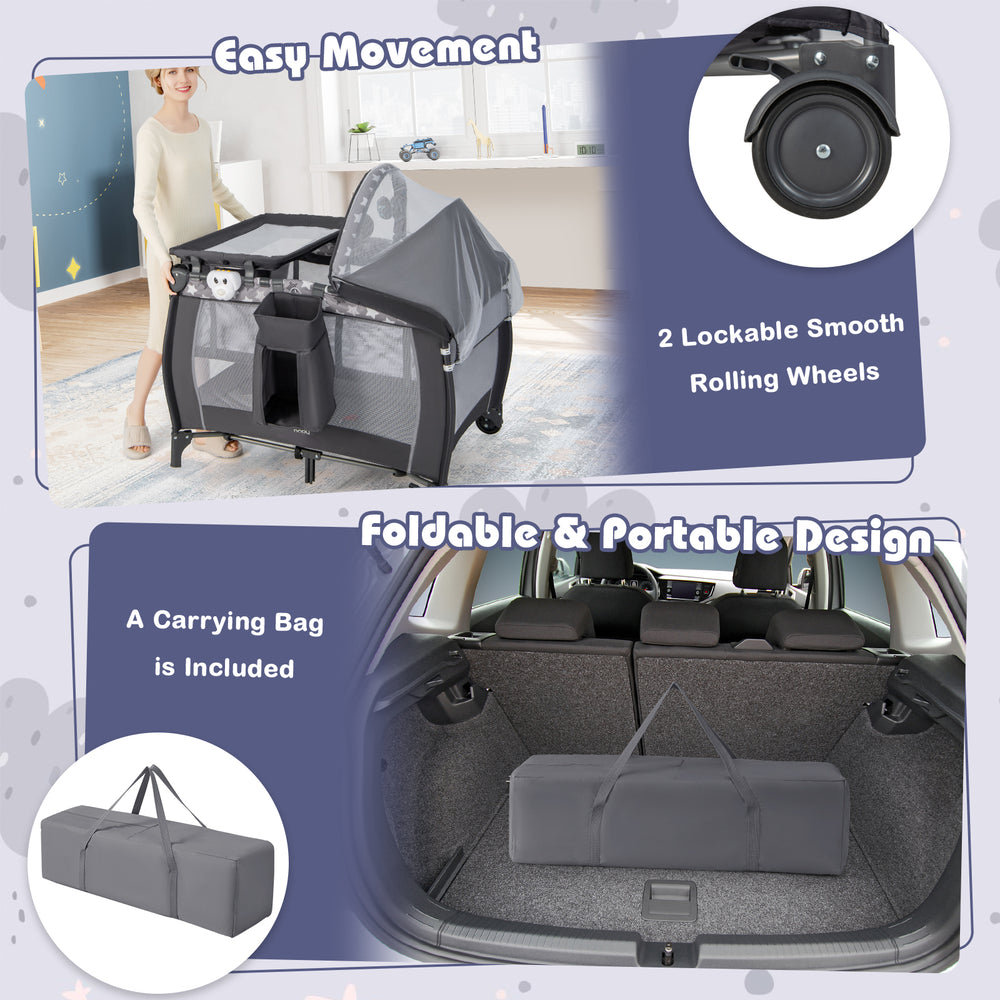 Portable baby nursery center in gray with lockable wheels, foldable design, and included carry bag for easy travel.