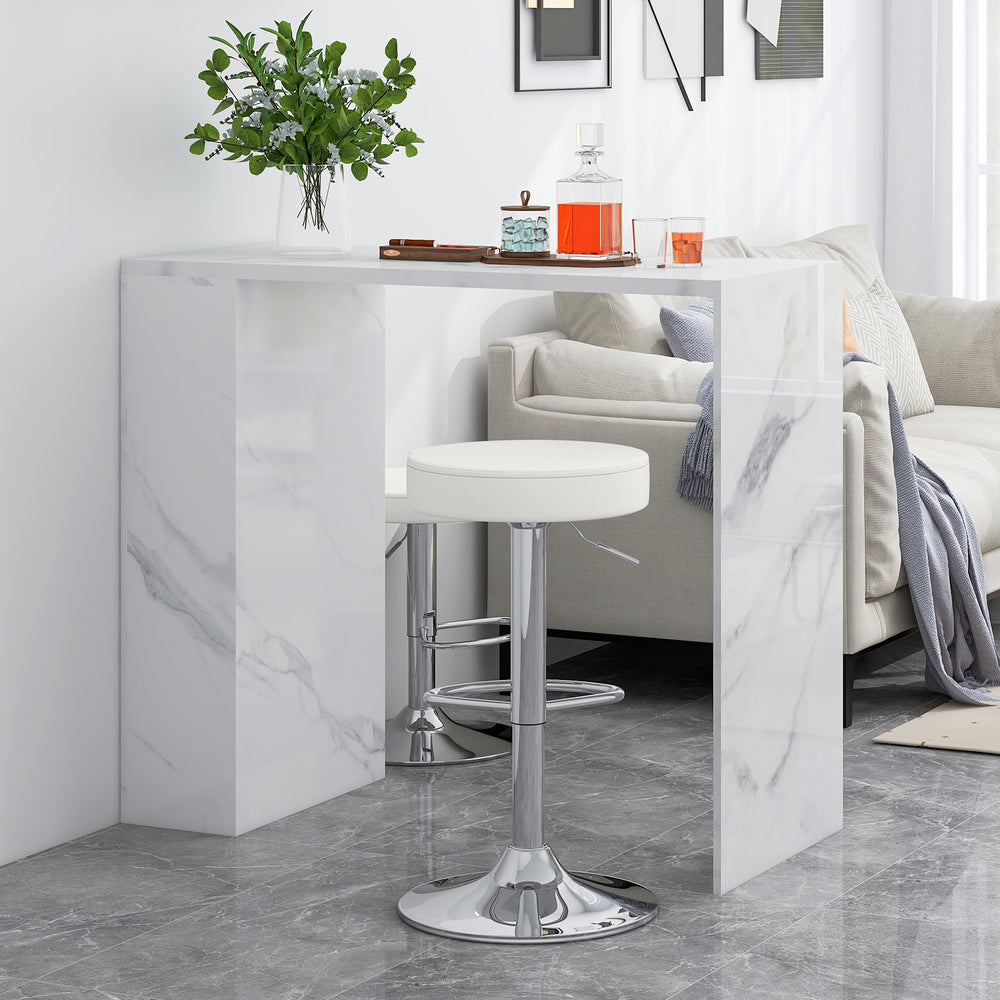 White PU leather swivel barstool with chrome footrest, adjustable height, perfect for bar or extra seating.