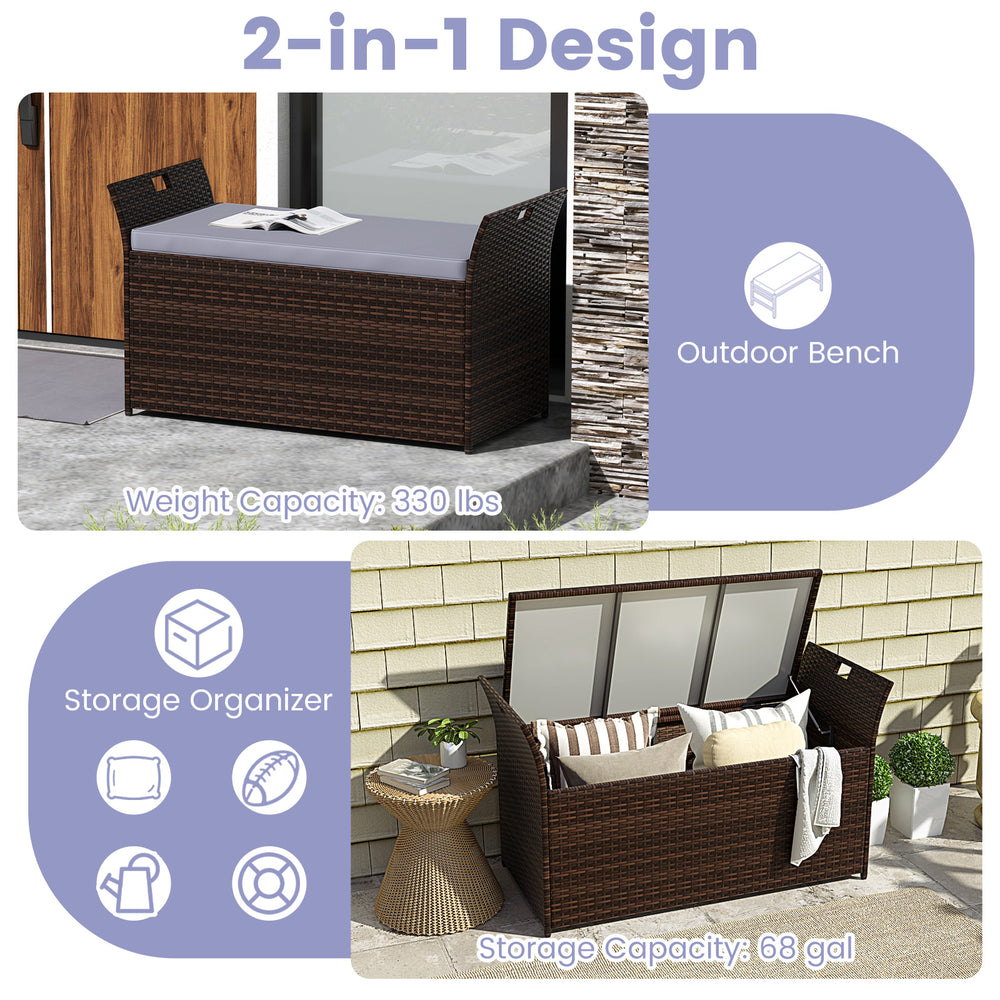 Outdoor bench with hand-woven PE rattan, gray cushion, and hidden storage, perfect for outdoor supplies and seating.