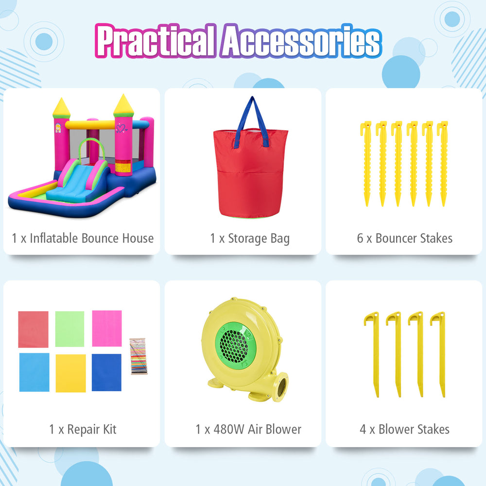 Inflatable bounce house accessories including a storage bag, repair kit, blower, and ground stakes for stability.