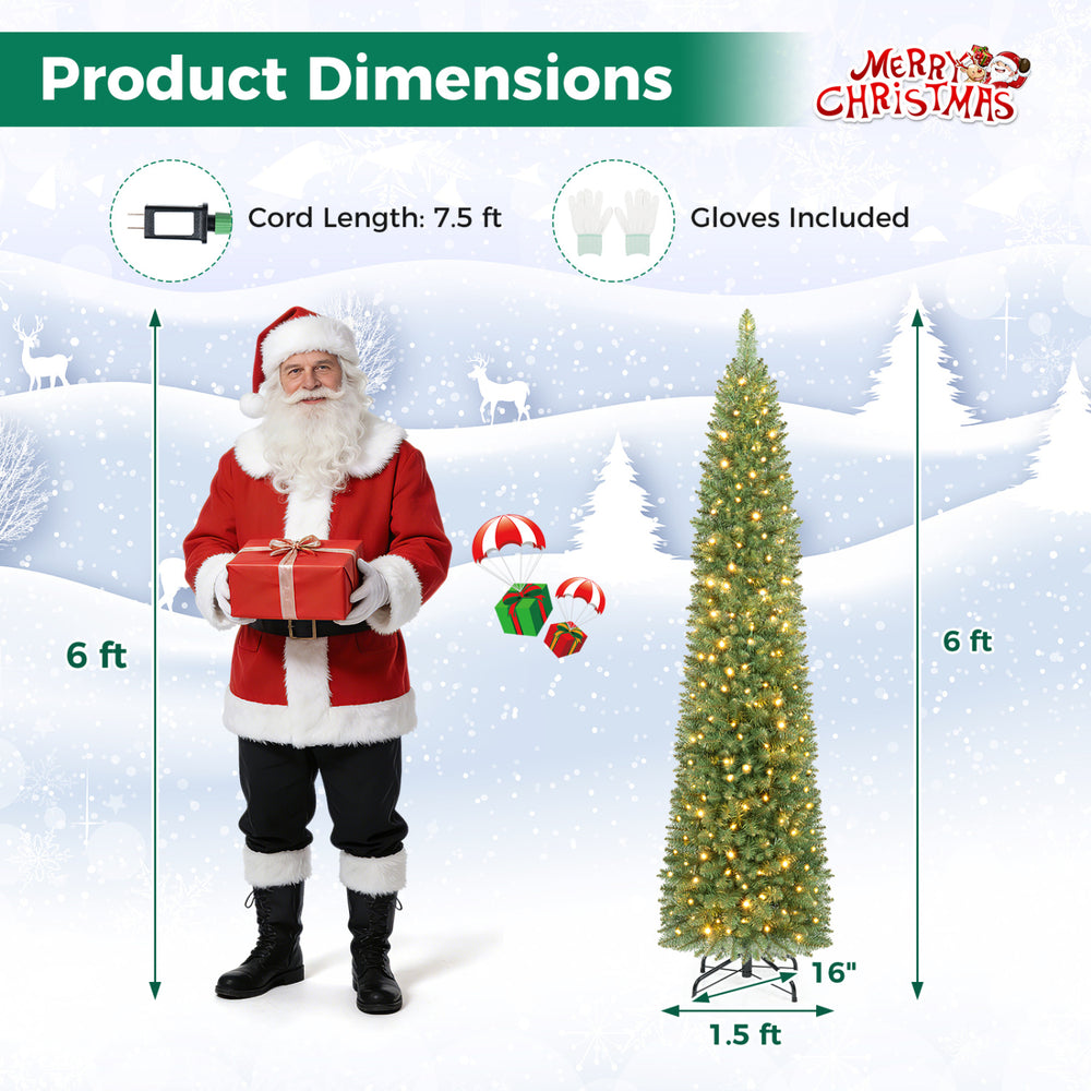 6 ft pre-lit pencil artificial Christmas tree with 150 warm white LED lights, perfect for small spaces and festive decor.