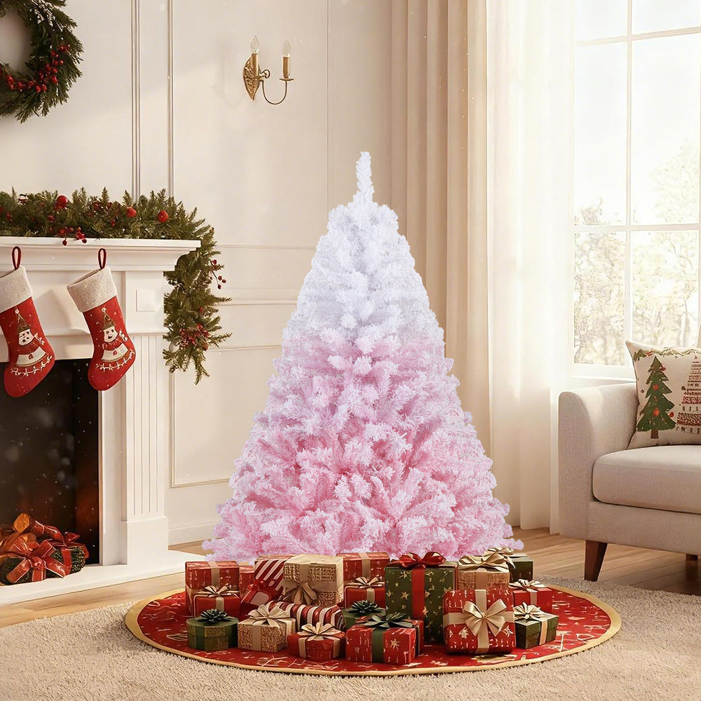 5-foot artificial Christmas tree with a gradient pink color, warm white LED lights, and snow flocking for festive decor.