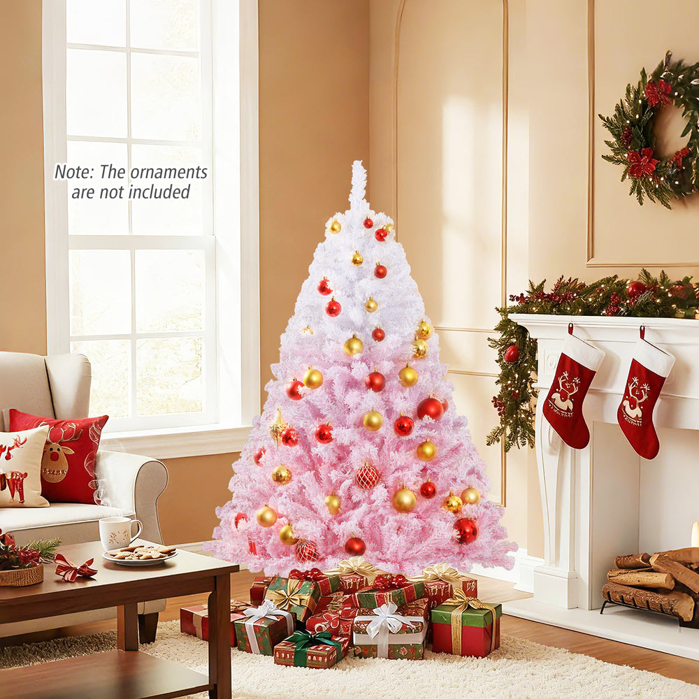 5-foot artificial Christmas tree with warm white LED lights, featuring a unique white to pink gradient and snow.