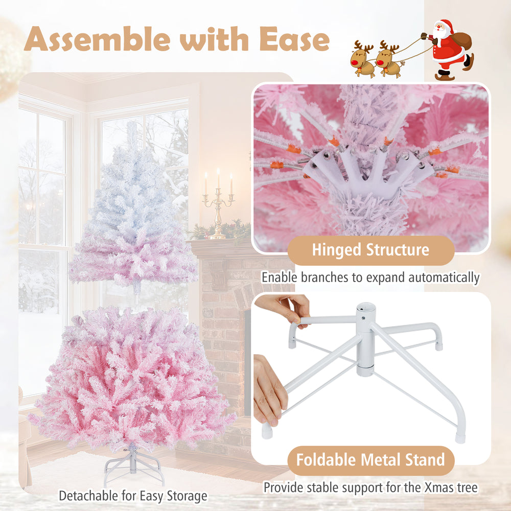 5-foot artificial Christmas tree in gradient pink and white with warm white LED lights, featuring a foldable metal.