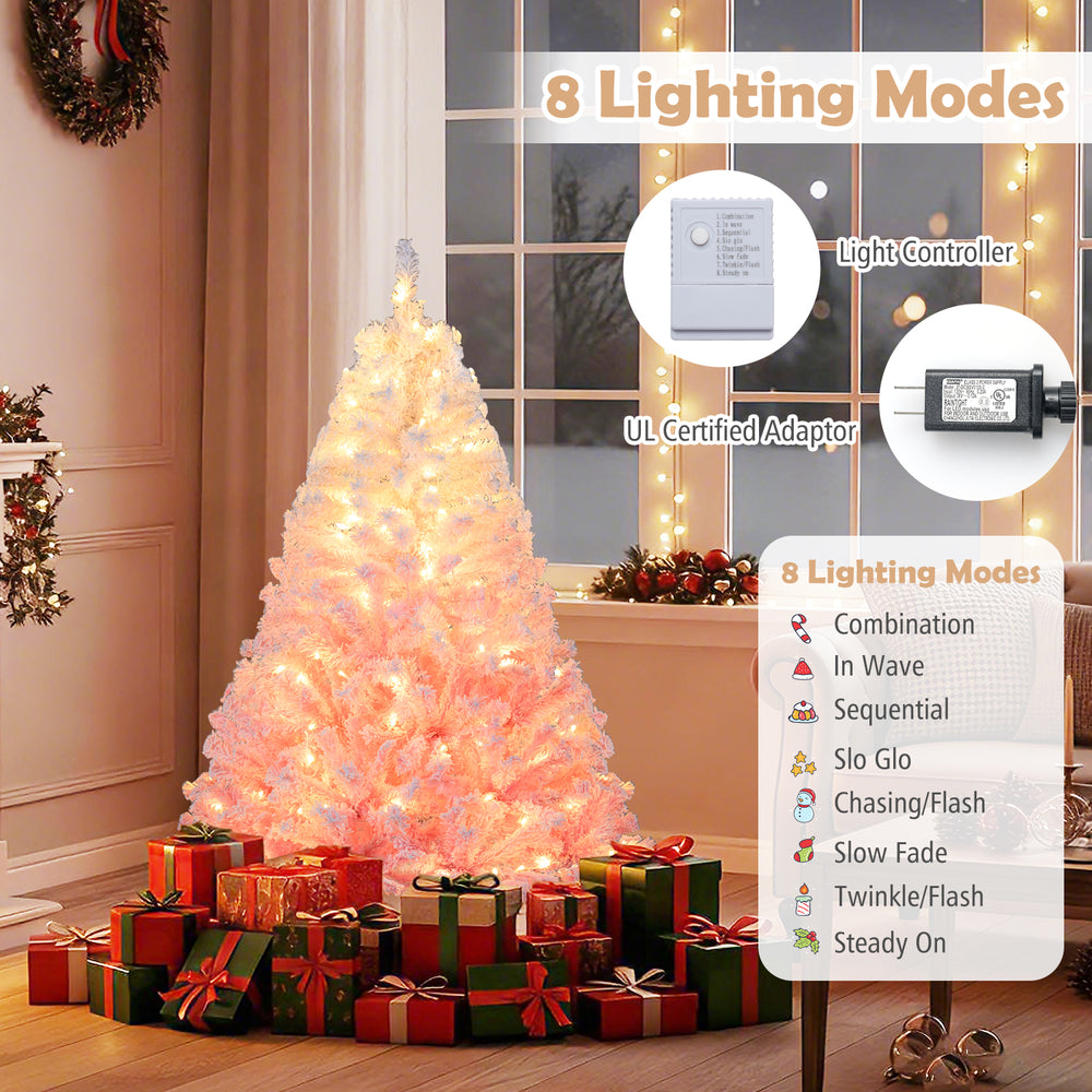 5-foot artificial Christmas tree with warm white LED lights, snow flocking, and 8 lighting modes for festive decoration.