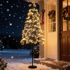 5ft lighted alpine tree with warm white LED lights, featuring a weighted base, perfect for festive outdoor decoration.
