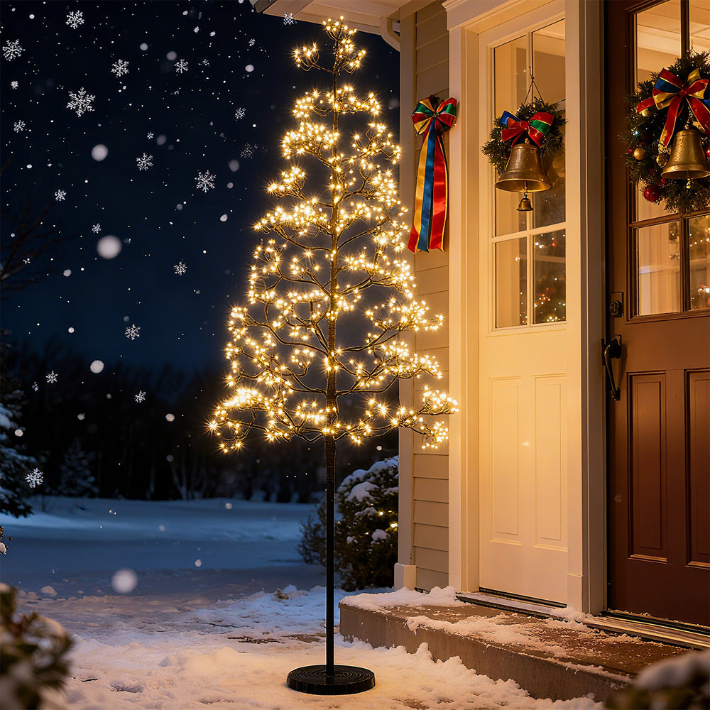 5ft lighted alpine tree with warm white LED lights, featuring a weighted base, perfect for festive outdoor decoration.