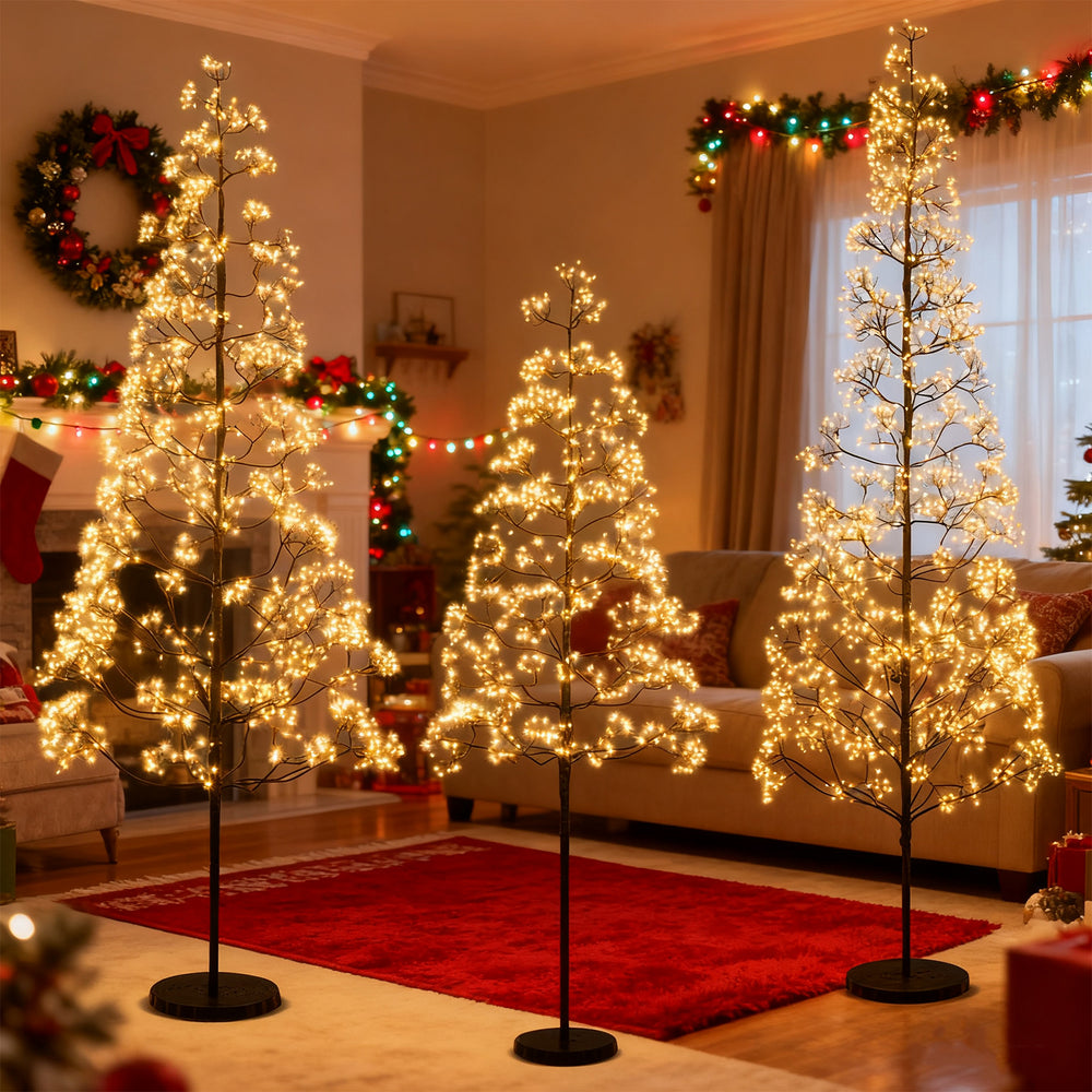 Lighted 5ft alpine tree with warm white LED lights, featuring a weighted base, perfect for festive decorations.