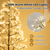5ft lighted alpine tree with 1000 warm white LED lights and adjustable tips, perfect for festive decor and stability.