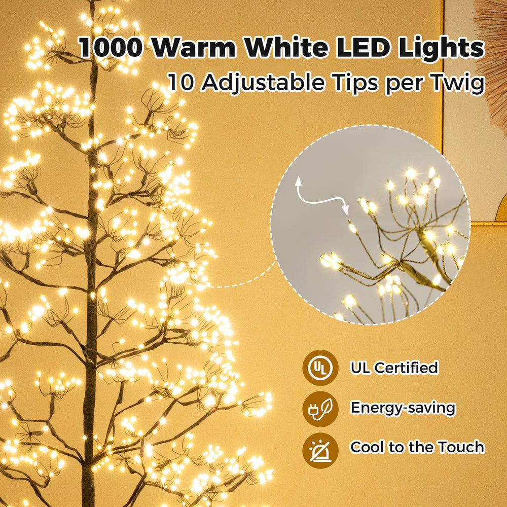 5ft lighted alpine tree with 1000 warm white LED lights and adjustable tips, perfect for festive decor and stability.