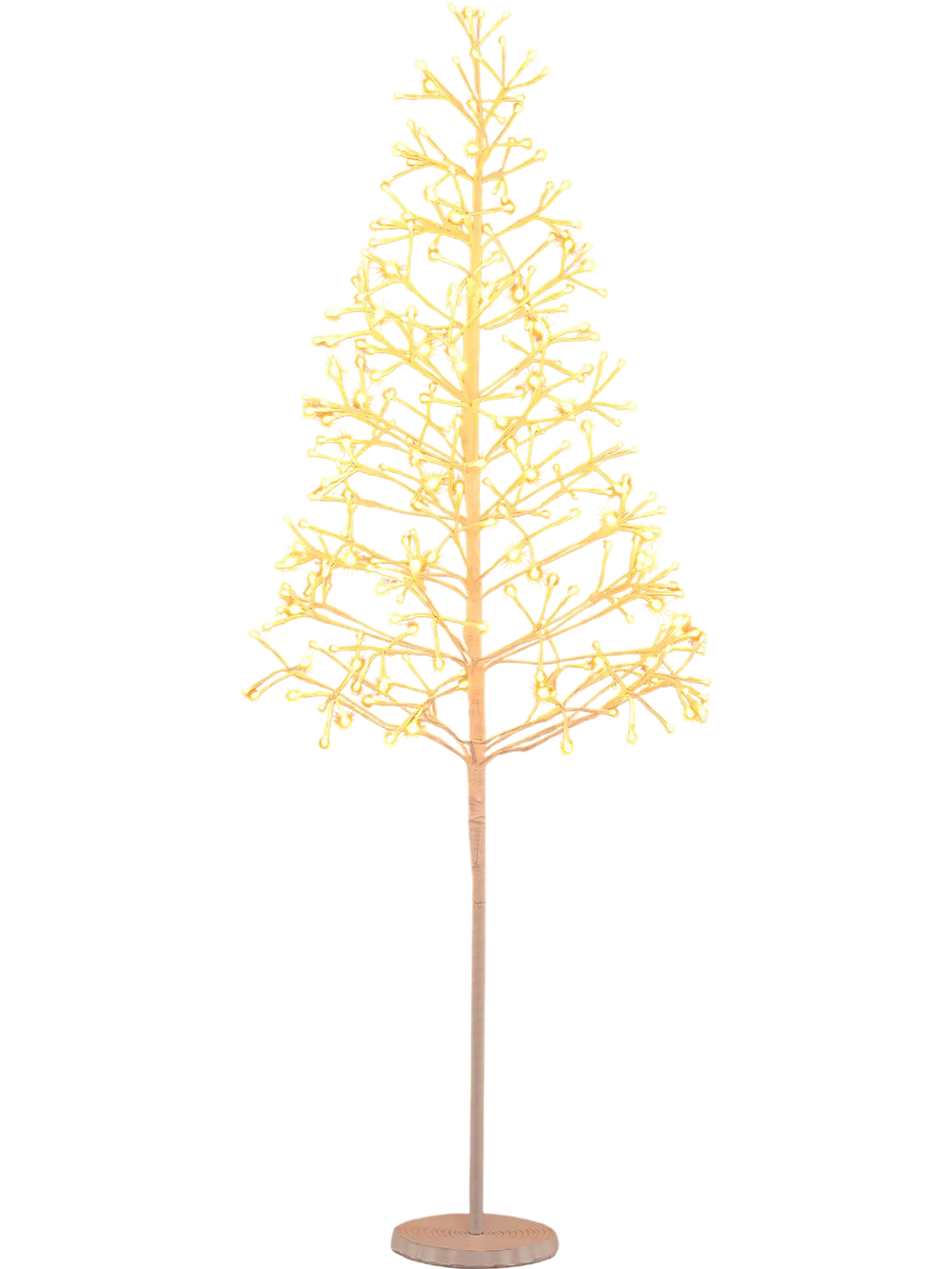 5 FT lighted birch tree with 240 warm white LED lights, flexible branches, and a weighted cement base for stability.