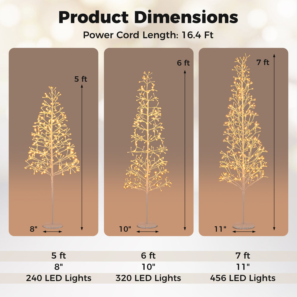 5 FT lighted birch tree with 240 warm white LED lights, flexible branches, and weighted base for stability.