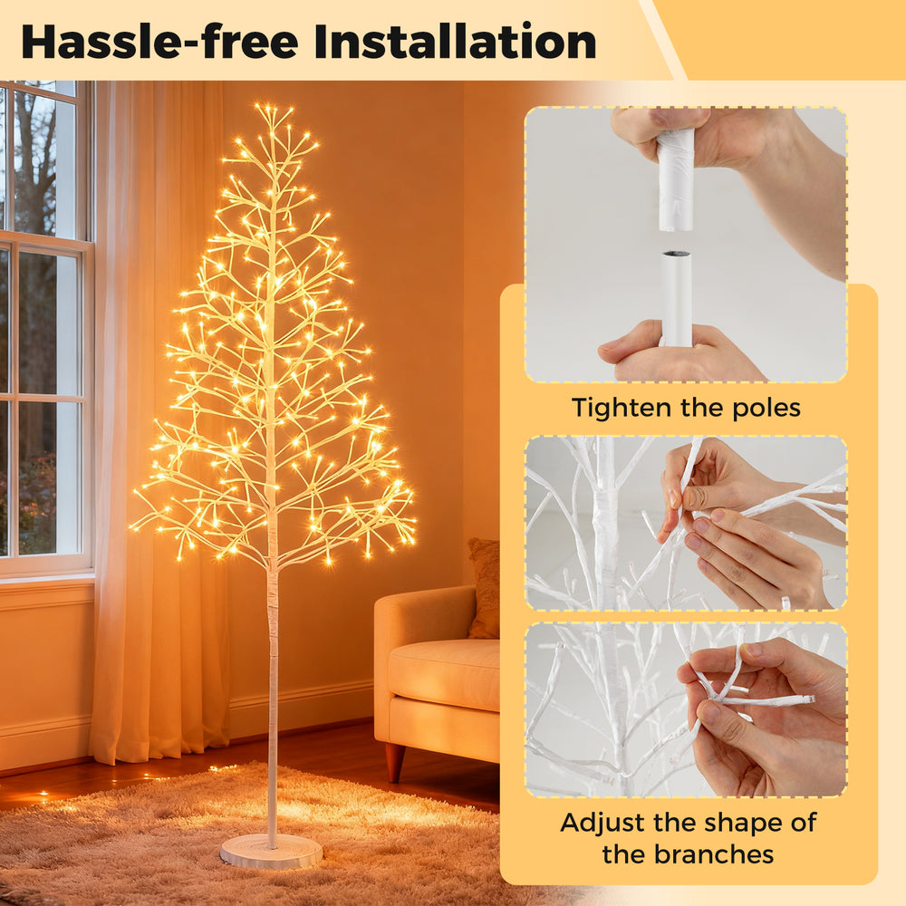Lighted 5 FT birch tree with 240 warm white LED lights, featuring flexible branches and a weighted cement base for.