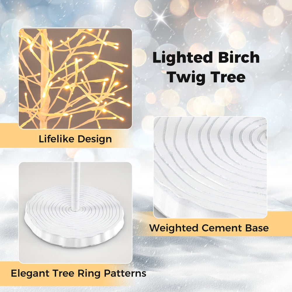 Lighted birch twig tree with 240 warm white LED lights and a weighted cement base for stability, perfect for holiday.