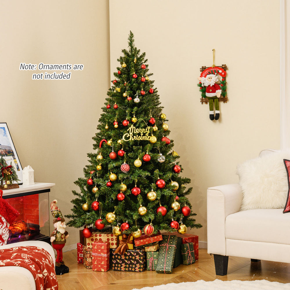 6-foot artificial Christmas tree with vibrant branch tips, complete with warm white LED lights, ideal for festive.