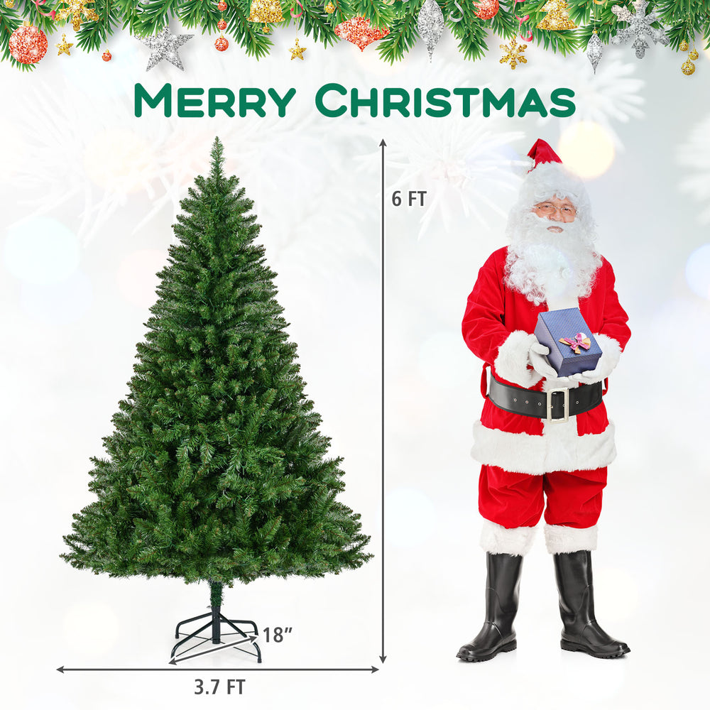 6-foot artificial Christmas tree featuring a folding metal stand, ideal for easy assembly and festive family gatherings.