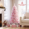 Pink 5 ft flocked fir Christmas tree with warm white LED lights and 432 branch tips, perfect for festive holiday decor.
