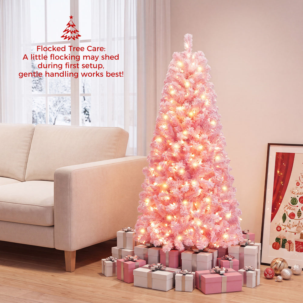 5-foot pink flocked fir Christmas tree with warm white LED lights and 432 branch tips, perfect for festive holiday decor.