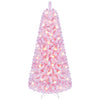 Pink 5 ft flocked fir Christmas tree with 160 warm white LED lights and a hinged design for easy setup and placement.