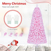 Pink 5 ft flocked fir Christmas tree with 280 warm white LED lights, featuring a hinged design and folding metal stand.