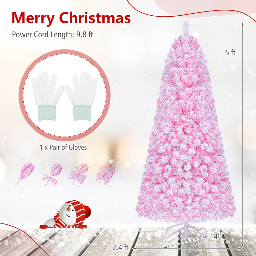 Pink 5 ft flocked fir Christmas tree with 280 warm white LED lights, featuring a hinged design and folding metal stand.