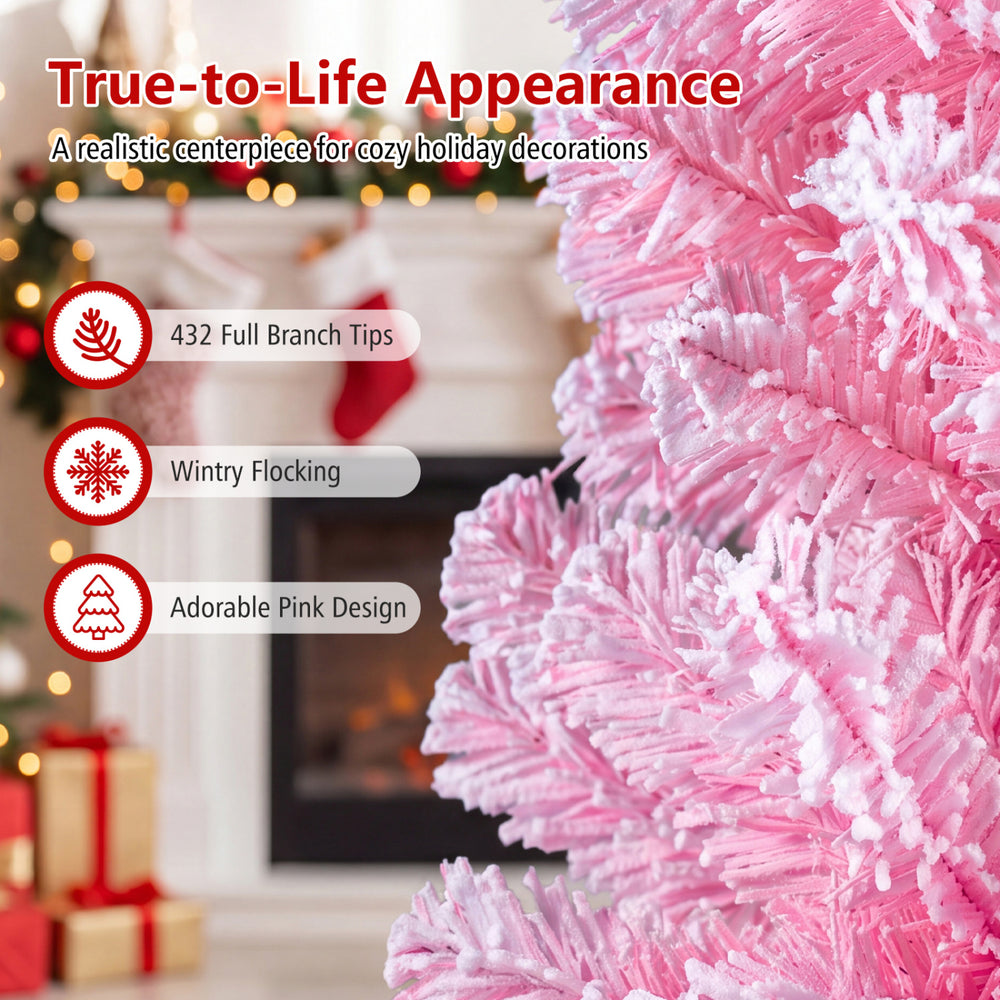 Adorable pink 5 ft flocked fir Christmas tree with 432 branch tips and warm white LED lights for festive holiday decor.