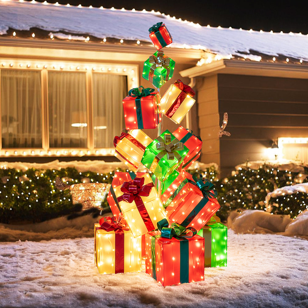 Lighted Christmas boxes in varied sizes with bows, featuring 483 LED lights for festive outdoor decoration.